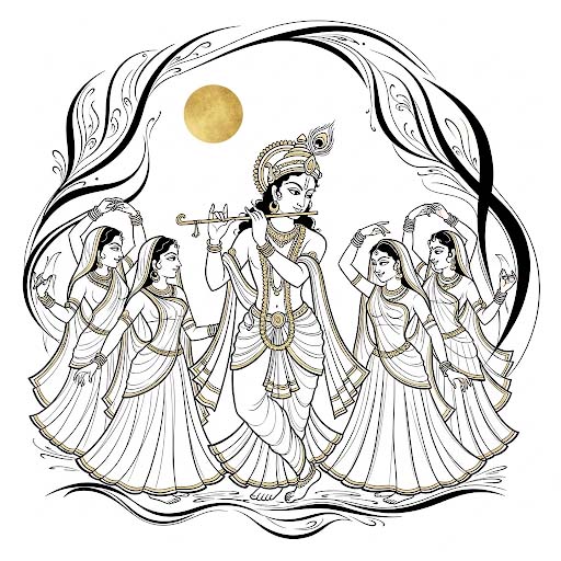 "अमूर्त रेखाचित्र जिसमें चाँदनी रात के नीचे वृंदावन कुंजों में राधा-कृष्ण गोपियों संग महारास रचाते हुए, चारों ओर नृत्य, मुरली की धुन और काव्य-पदावलियों की आभा बिखरी हुई।"