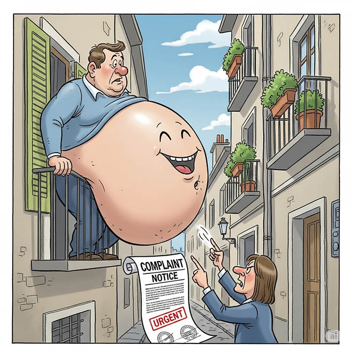 Cartoon caricature of a man’s oversized belly hanging out of a balcony, blocking the street, while the annoyed neighbor waves a complaint notice.