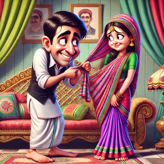 Cartoon of a husband nervously pinning his wife’s saree while she stands with crossed arms, both surrounded by symbolic “war and peace” signs, mixing domestic humor with marital satire.