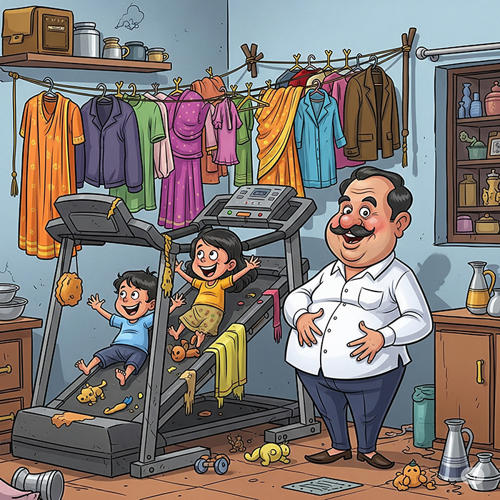 कार्टून में कोने में धूल खाती ट्रेडमिल, जिस पर कपड़े टंगे हैं और बच्चे उस पर खेल रहे हैं, सामने पेट सहलाता मालिक खड़ा है।