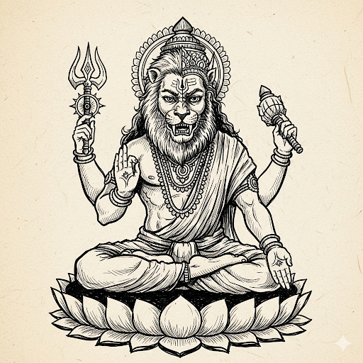 "Abstract ink sketch of Lord Narasimha seated on a lotus in meditative yet fierce posture, half-lion half-man face with open fangs, four arms in divine gestures, radiating both terror and compassion."