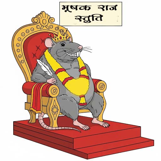 "कार्टून चित्र में मूषक राज सिंहासन पर बैठे हैं, गले में माला और हाथ में झंडा व कलम है। पीछे गणेश जी खड़े मुस्कुरा रहे हैं। मंच पर ‘मूषक राज स्तुति महोत्सव’ लिखा है। दृश्य हास्य और व्यंग्य से भरपूर है।"