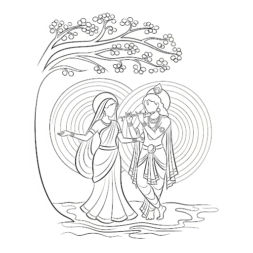 “Minimalist abstract line drawing of Radha and Krishna under a tree, with flute, Yamuna waves, and spiritual aura symbolizing eternal divine love.”