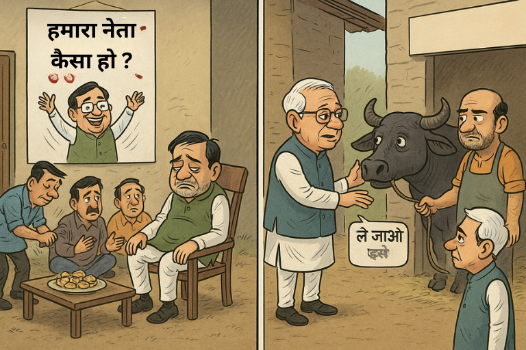 हार के बाद हताश नेता, कुर्सी पर ढहे हुए, चेहरे पर स्थायी उदासी, पोस्टर में झूठी जीत की घोषणा, बासी बर्फी पर मंडराती मक्खियाँ, और पीछे भैंस के तबेले में टिकट वापसी की प्रतीकात्मक राजनीतिक व्यथा।