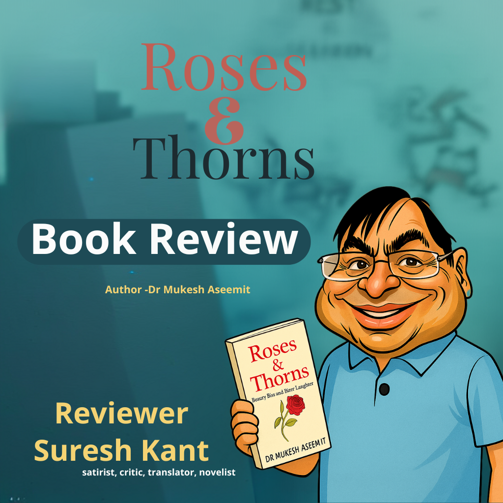 Caricature illustration of Dr. Mukesh Aseemit holding his book Roses & Thorns, a collection of satirical essays critiquing Indian society, politics, and culture with humor and irony.