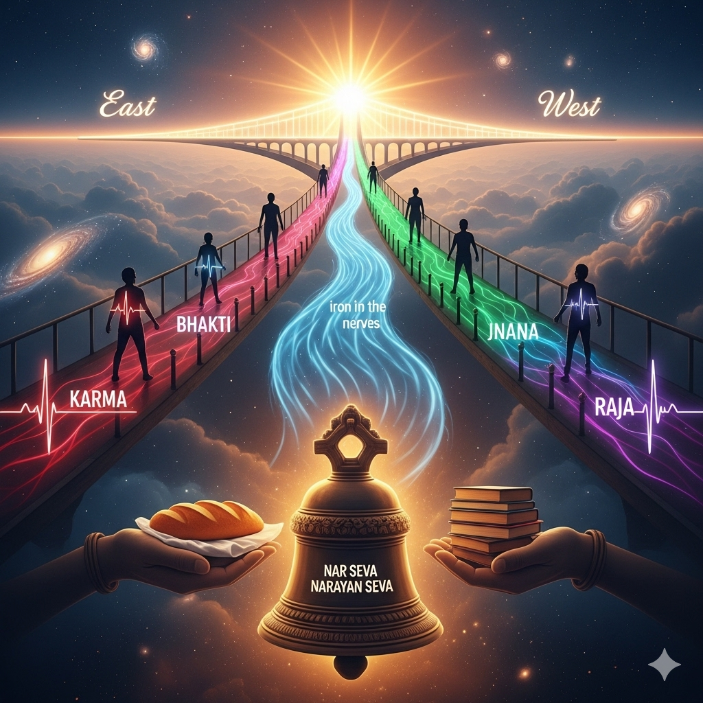 Surreal abstract scene showing a radiant bridge joining East and West, four luminous rivers named for the four yogas merging into a central sun, determined youth silhouettes with lion-like heartbeat lines, and serving hands transforming into a temple bell—symbolizing Vivekananda’s call to rise, awaken, and serve.