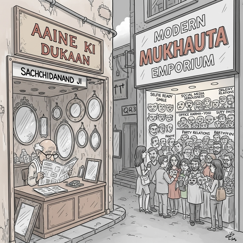 A deserted old shop named *"Aaine ki Dukaan"* (Mirror Shop) with dusty mirrors hanging, shopkeeper "Sachchidanand Ji" reading behind spectacles. Across the street, a flashy shop named *"Modern Mukhauta Emporium"* crowded with people buying different masks— "Selfie Ready Smile," "Social Media Seriousness," "Office Karma-Yogi," "Party Relations." Customers happily trying masks, while the lonely mirror shop looks ignored. The contrast is humorous yet satirical, drawn in exaggerated cartoon caricature line-art style.