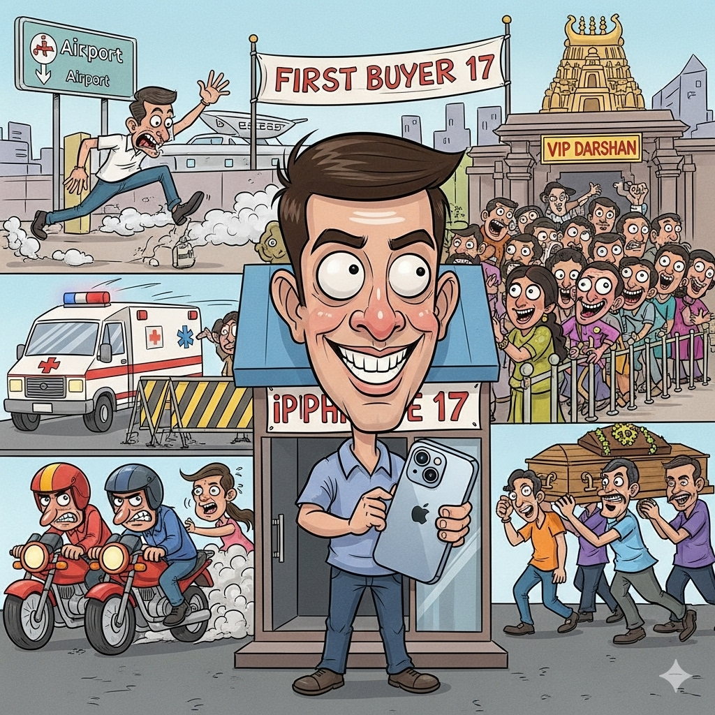 A humorous cartoon caricature showing an Indian crowd in a mad race: one man camping outside an iPhone store waving the new phone like a trophy, bikers honking and jumping red lights, a man elbowing through an airport queue, someone pushing in a temple line, and even people overtaking an ambulance and a funeral procession—depicting the obsession of always being first (sabse pehle).