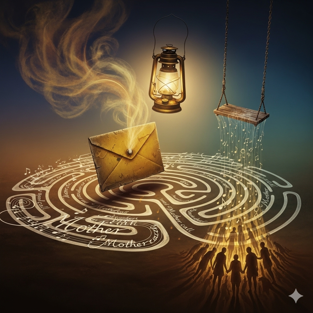 A surrealistic abstract artwork depicting the intimate bond between a human and language—an old folded letter radiating earthy fragrance, a glowing lantern in darkness, a mother’s echoing call in crowded alleys, a childhood swing suspended in memory, and rhythmic waves of sound merging with soil and breath.