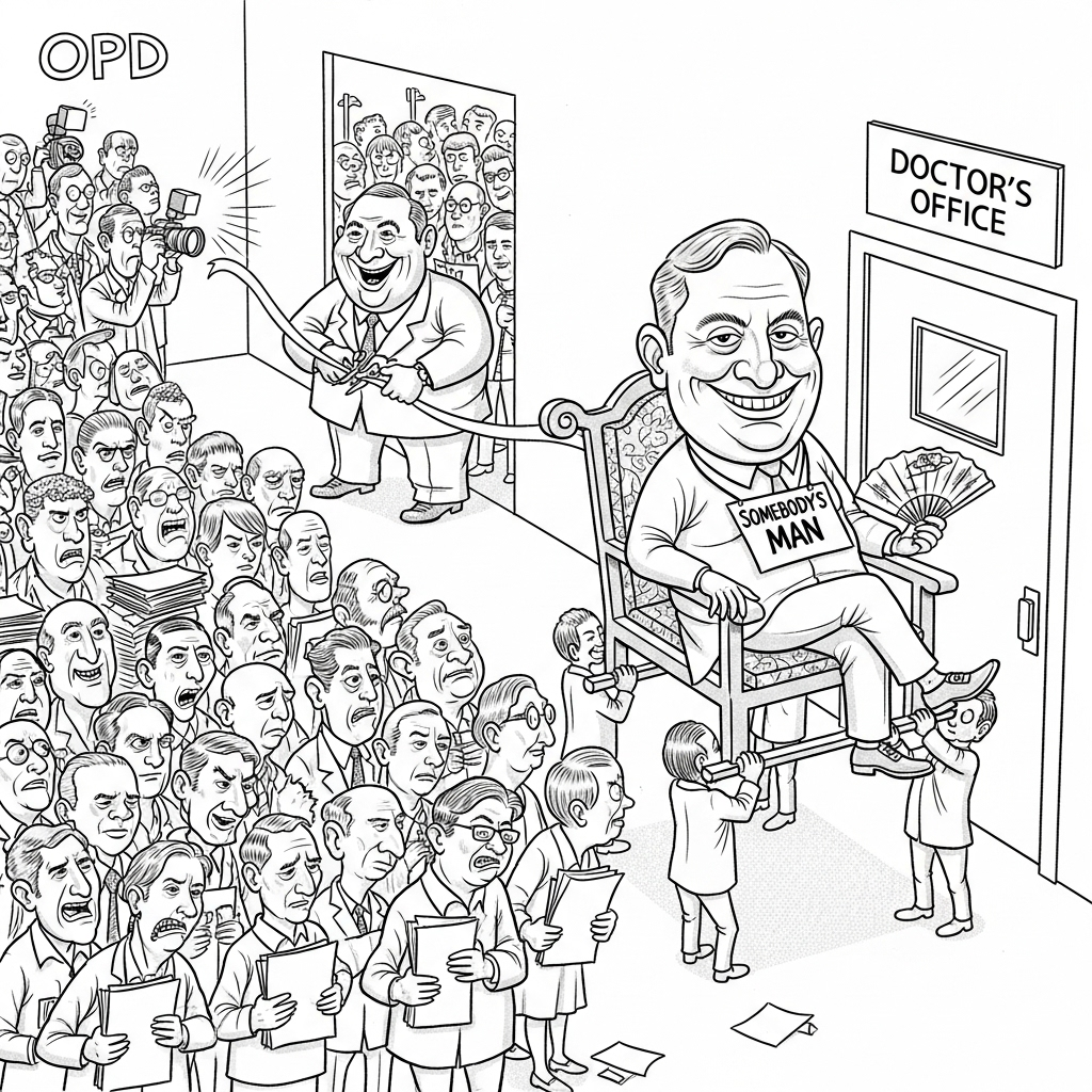 A satirical cartoon caricature line drawing: A long hospital OPD line where common patients stand crushed with files, while one smug fellow—wearing a big tag “Somebody’s Man”—is carried on a chair straight to the doctor. In the background, a politician is cutting a ribbon, surrounded by dozens of people stretching their necks into the frame to get into the photo. Expression exaggerated, comic, absurd, witty satire.
