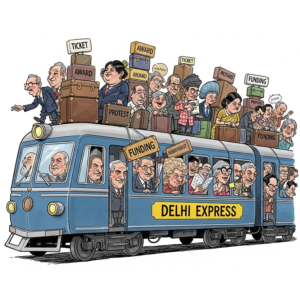 A crowded train labeled **“Delhi Express”** overflowing with politicians, authors, and artists—all carrying suitcases marked *Ticket, Award, Protest, Funding*. Some are climbing the roof, others hanging from the windows. In the sky above, Delhi is drawn as a giant shining washing machine, sucking them in and washing away their stains. On the ground, common people are left behind, holding empty plates and waving. A signboard reads *“Delhi Returns Bazaar – भाव दोगुना”*. The mood is humorous, exaggerated, and satirical like a political cartoon.