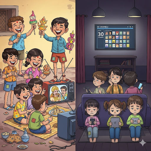 A humorous cartoon-style depiction of nostalgic childhood in India: kids playing langdi taang in the mohalla, one child holding a cricket bat while another wields a laundry bat, handmade clay toys and sugar figurines scattered around, a stick hooking onto electric wires, a black-and-white Doordarshan TV showing Ramayan with kids crowded in front, patched shorts turning into bags and mops, and slippers worn thin. A satirical contrast with today’s kids scrolling digital screens, looking puzzled.