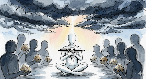 एक उदास शायर का प्रतीकात्मक चित्र—चारों ओर धुंधली महफ़िल, बीच में अकेला इंसान, उसके हाथ में टूटी कलम और दिल पर पत्थर रखे हुए। पीछे अंधेरे बादल और एक कोना हल्की रोशनी से जगमगाता, जो सच पर डटे रहने की ताक़त को दर्शाता है।