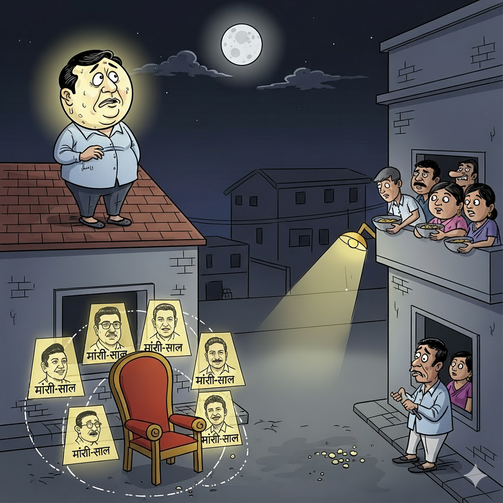 A plump politician with a round glowing face like the moon (Chandmal) stands on a rooftop under the night sky, staring anxiously at the real moon. Below, the street is dark except for posters of different "mini-moons" (other candidates) all with smiling faces, orbiting around a giant throne labeled *आलाकमान*. A worried rival (Cheedilal) is shown holding a net trying to catch the moonlight.