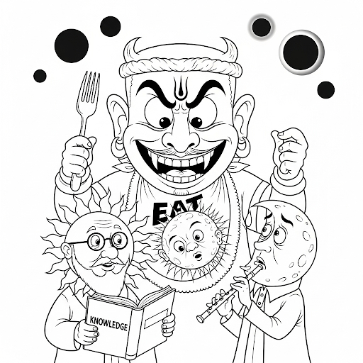 A black-and-white satirical cartoon line drawing showing Rahu’s giant mischievous head trying to swallow the Sun and Moon. The Sun looks like a wise teacher holding a book of knowledge, the Moon looks like an emotional poet with a flute, while Rahu sneaks in with a fork and bib, ready to “eat” them. The background shows eclipses forming as shadowy circles.
