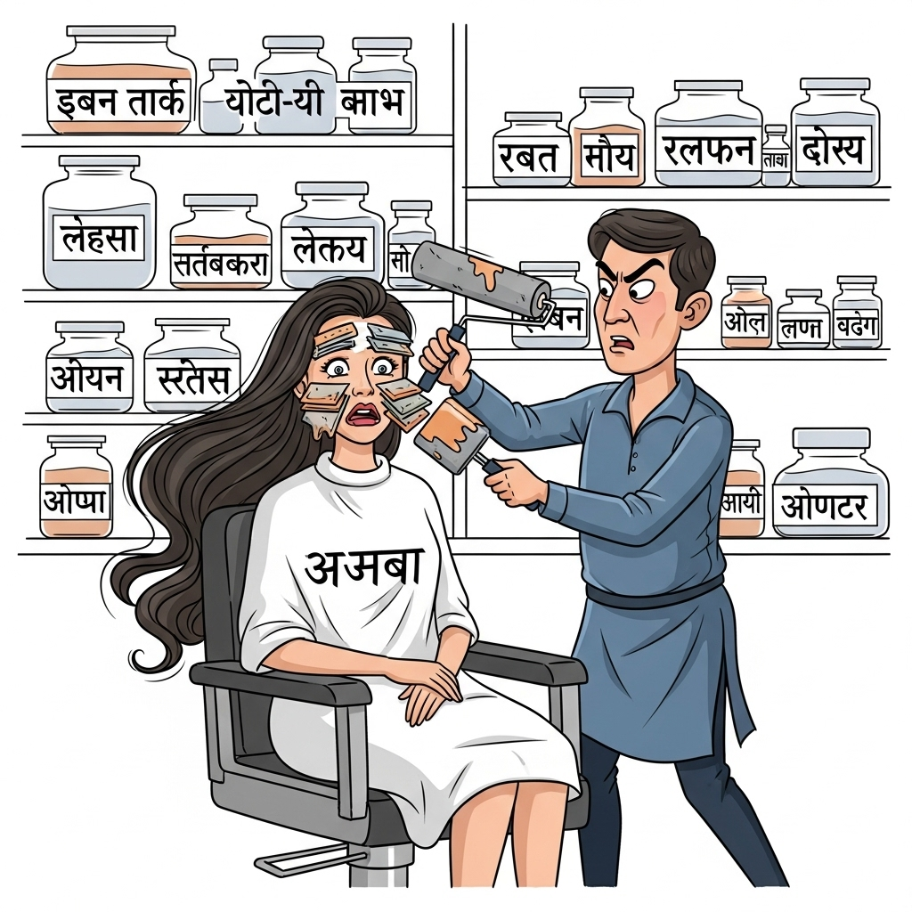 एक व्यंग्यात्मक कार्टून जिसमें एक महिला, जो हिंदी भाषा का प्रतिनिधित्व कर रही है, एक ब्यूटी पार्लर की कुर्सी पर बैठी है। एक मेकअप आर्टिस्ट, जो नौकरशाही को दर्शाता है, एक बड़े पेंट रोलर से उसके चेहरे पर भारी मात्रा में मेकअप लगा रहा है, जिससे उसकी प्राकृतिक सुंदरता छिप गई है और वह असहज महसूस कर रही है।