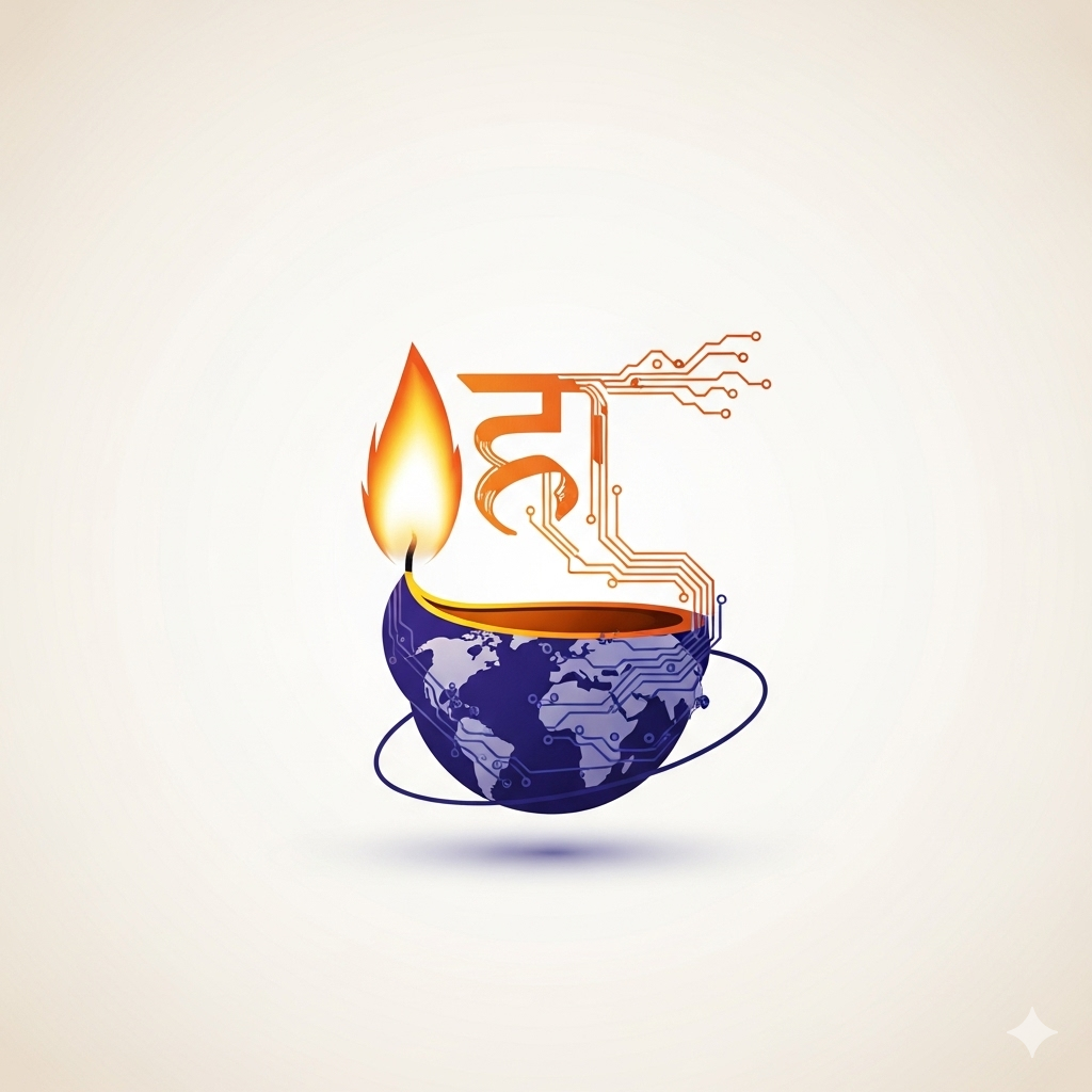 मिनिमलिस्ट पोस्टर जिसमें दीये की लौ से बनता हुआ देवनागरी अक्षर “ह” है; लौ से निकली पतली सर्किट-लाइने एक छोटे ग्लोब को घेर रही हैं—हिंदी, तकनीक और विश्व सेतु का संकेत।