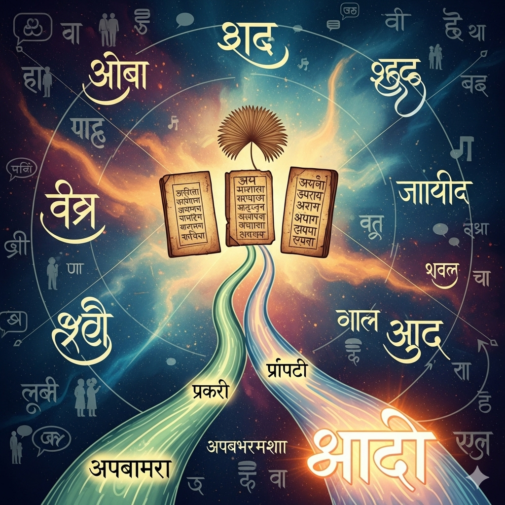 Illustration of the evolution of Indian languages from Sanskrit to Hindi, surrounded by other Indian scripts, symbolizing unity, cultural diversity, and the humanity of language.