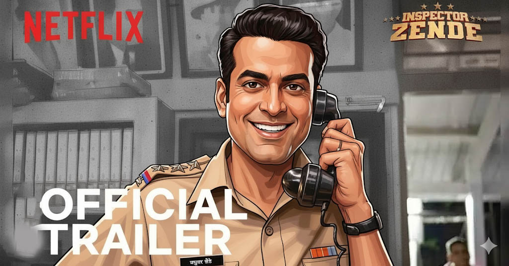 Netflix फिल्म Inspector Zende का पोस्टर जिसमें मनोज बाजपेयी पुलिस वर्दी में गंभीर मगर हल्के-फुल्के अंदाज़ के साथ दिखाई दे रहे हैं, पृष्ठभूमि में 1980 का माहौल और क्राइम-कॉमेडी का टोन झलकता है।
