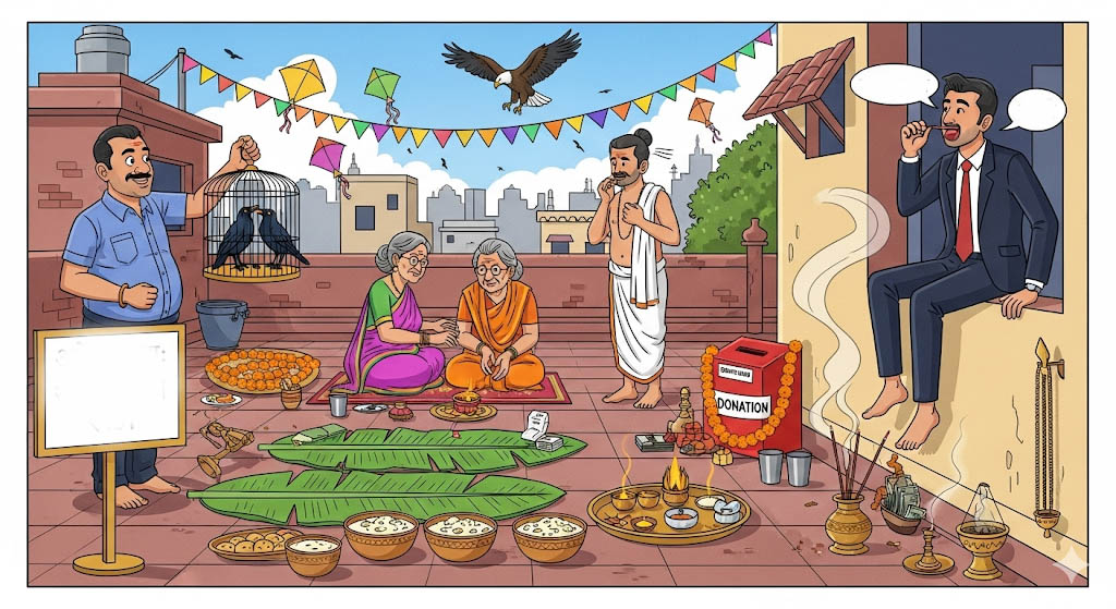 कार्टून कैरिकेचर (16:9): श्राद्ध-पक्ष का आँगन। पत्तल पर खीर रखी है, पास में परिवार तर्पण करता दिख रहा है। ससुराल की मुंडेर पर सूट-बूट पहना “जमाई” कौवे की मुद्रा में कांव-कांव करता बैठा है। एक तरफ अब्दुल चाचा पिंजरे में दो कौवे लिए “कांव सेवा ₹101” का बोर्ड पकड़े नोट गिन रहे हैं। दृश्य व्यंग्य, चमकीले फ्लैट रंग, मोटी आउटलाइन।