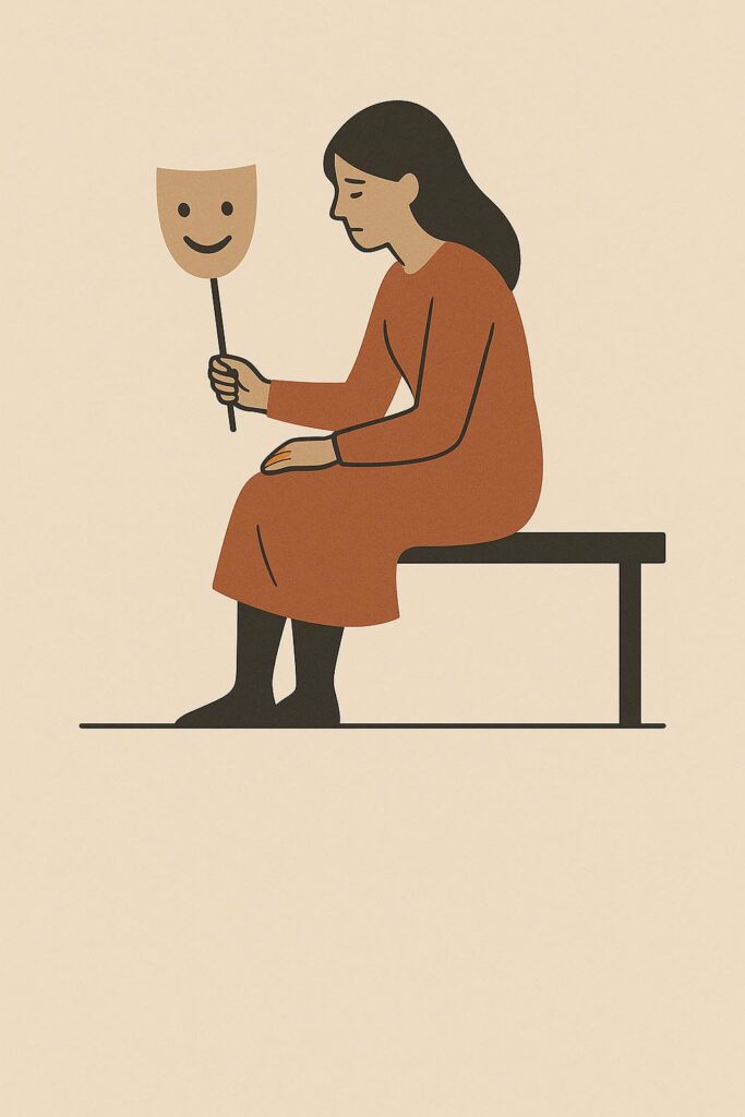 Minimalist illustration of a woman sitting on a bench holding a smiling mask, hiding her inner pain, symbolizing resilience and learning to live with suffering