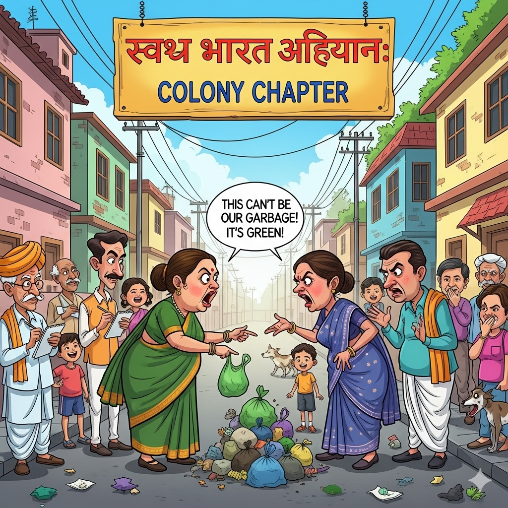 “दो पड़ोसी परिवार सड़क पर नाली के कचरे को लेकर झगड़ रहे हैं, एक महिला रंग देखकर अपनी सफाई दे रही है, दूसरा परिवार गुस्से में तर्क दे रहा है, आसपास लोग हँसते-देखते खड़े हैं, और पृष्ठभूमि में ‘स्वच्छ भारत अभियान’ का बोर्ड लगा है।”