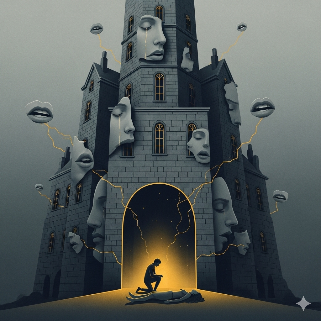 Surreal illustration of a grieving man beside his mother’s body in a luxurious mansion, while silent abstract walls loom around with ghostly faces, symbolizing unheard cries and the tragedy of modern comforts silencing human connection.
