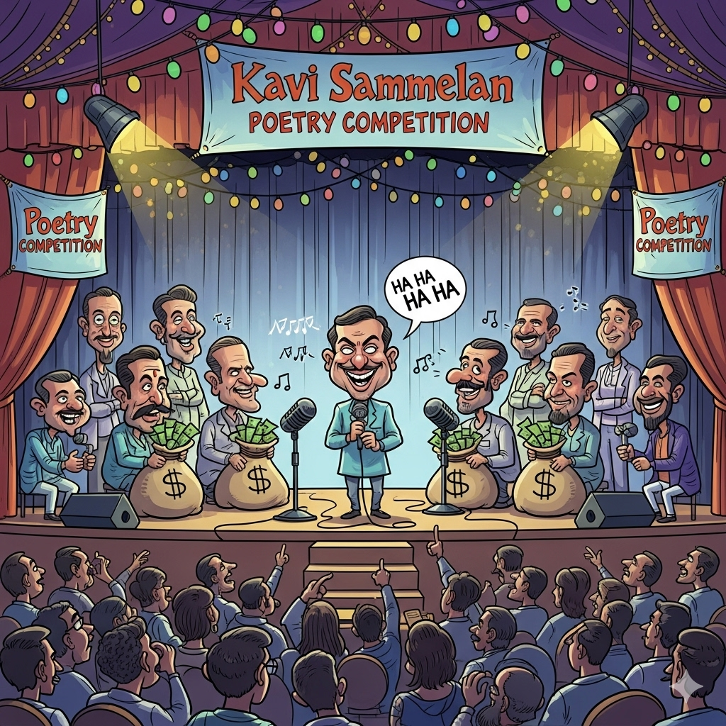 "Humorous cartoon caricature of a Kavi Sammelan stage: poets in exaggerated poses with sacks of money, oversized mikes, laughing audience, banners of poetry competition, one poet cracking jokes instead of reciting poems, caricatured faces, festive pandal with lights, satirical atmosphere."