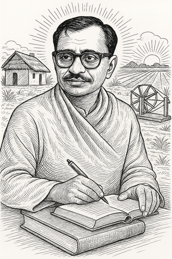 “Digital painting of Pandit Deendayal Upadhyaya with books and pen, glowing aura symbolizing integral humanism, village huts, spinning wheel, and rising sun in the background.”