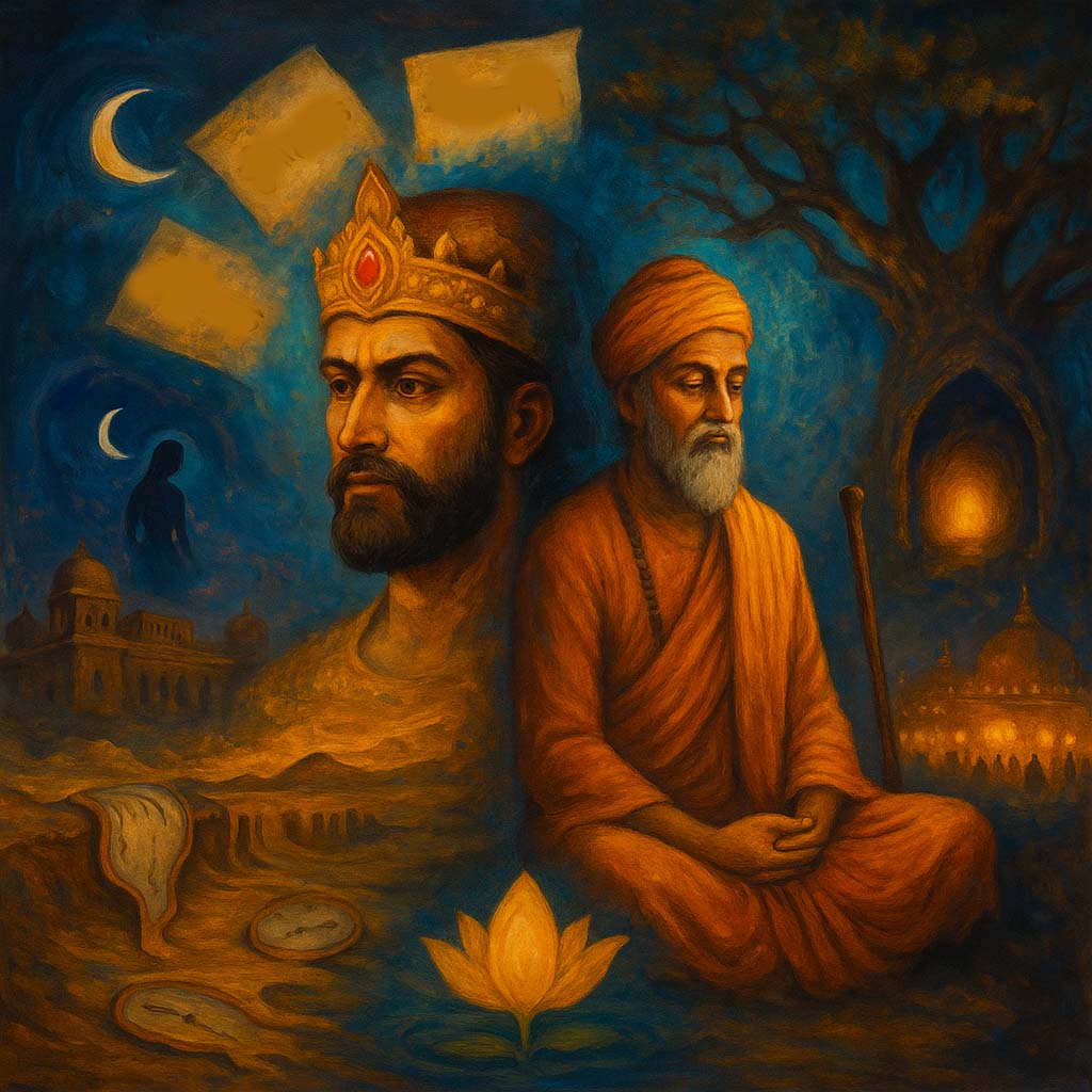 Minimalist abstract art showing a dissolving crown, a monk’s saffron staff, and a rising lotus encircled by Sanskrit words—Shringar, Neeti, Vairagya—representing Raja Bharthari’s life journey.