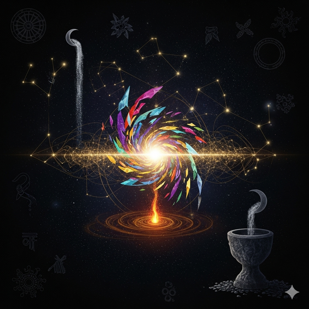 “Surreal abstract tableau for Rigveda – Part 2 (Nasadiya → Ekam Sat): a vast velvety void layered with star-dust; from the darkness a single ember of ‘first desire’ (kāma) blooms into a luminous vortex; golden filament-lattices (ṛta) span like cosmic circuitry between constellations; prismatic deity-shards swirl and fuse into one white-gold core light (ekam sat); a silver moon-stream hints at soma flowing into a stone chalice; faint glyph-like silhouettes of ratha wheels, grain, and a council ring appear as textures (not literal); composition suggests a question without drawing a mark; obsidian, ultramarine, amethyst, moon-silver, antique gold; soft volumetric god-rays, subtle bloom, fine paper grain, hand-painted + digital matte, hyper-detailed 8k, no logos, no readable text.”