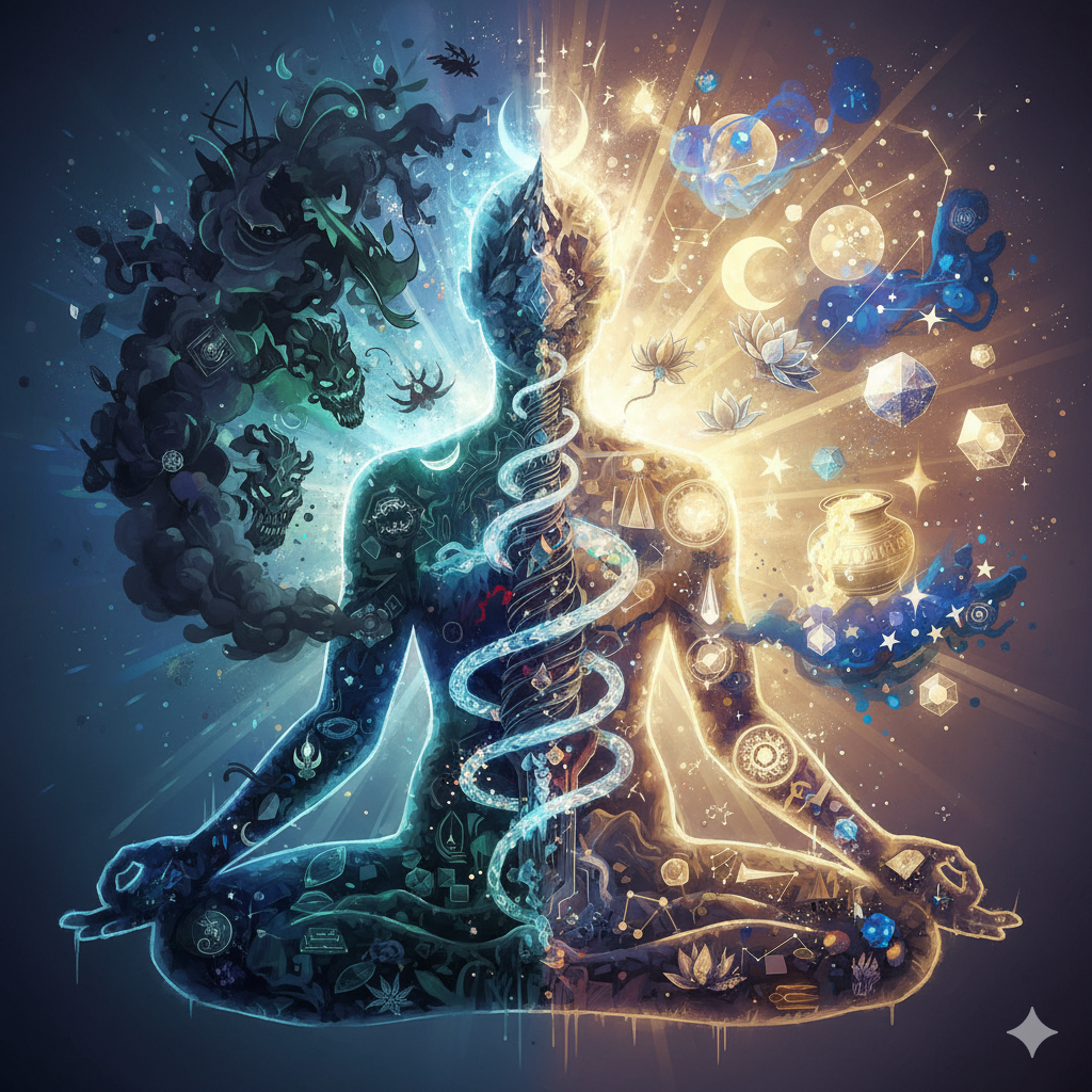 Surrealistic abstract illustration of Samudra Manthan inside a human figure, showing poison on one side and divine treasures like moon, gems, and nectar pot on the other, symbolizing inner struggle and awakening.
