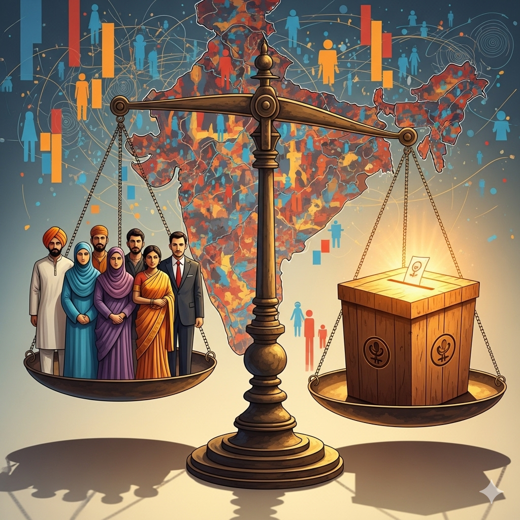 "Abstract illustration of democracy and demography in India, showing a balance scale with diverse communities on one side and a glowing ballot box on the other, against a surreal background of shifting population patterns."