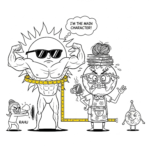 A satirical black-and-white cartoon caricature showing the Sun as a muscular boss with sunglasses, the Earth as a worried but balanced homemaker, and the Moon as a cheeky child pulling funny faces. They are compared in size with measuring tape, while Rahu sneaks in to cause an eclipse.