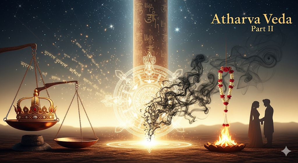 Golden Vedic mandala-shield warding off dark smoke, crown on scales, wedding fire, cosmic pillar to stars, Sanskrit particles—Atharva Veda Part II composite, cinematic, copper-gold palette, soft volumetric light, ultra-detailed.”