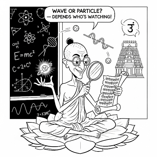 Quantum monk juggling waves, particles, holy texts
