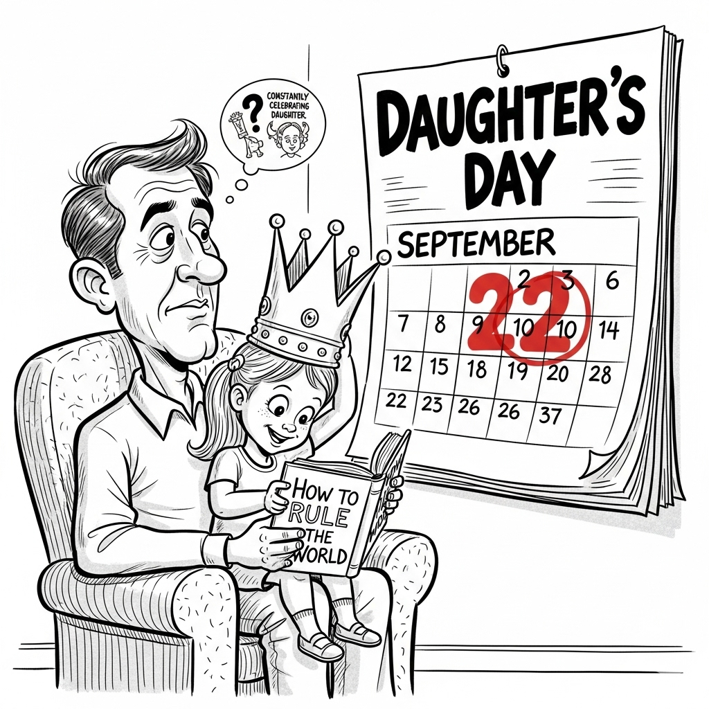 A humorous caricature of a father holding his daughter in his lap, giving her a book. The daughter wears a crown like a princess. Behind them, a large calendar shows “Bitiya Diwas” while the father wonders, “Do we really need a day for this?” Satirical abstract line art.