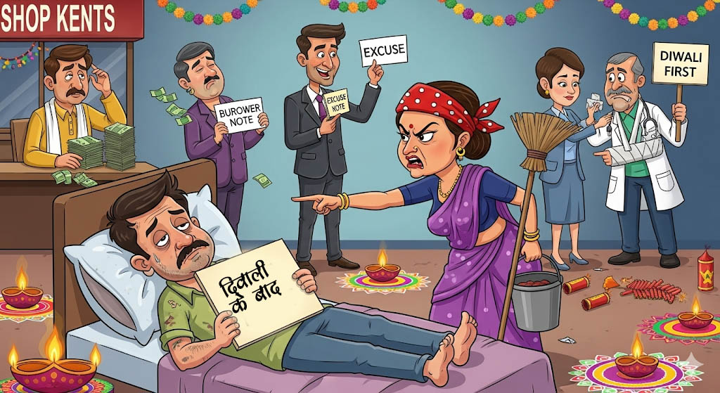 कार्टून कैरिकेचर: पति बिस्तर पर लेटा “दिवाली के बाद” की तख्ती पकड़े है, जबकि पत्नी झाड़ू और बाल्टी लेकर फूलन देवी के रूप में गुस्से में खड़ी है। पृष्ठभूमि में पटाखों और मिठाइयों के बीच दुकानदार, उधार लेने वाला और डॉक्टर—सब अपने-अपने बहानों की पर्ची दिखाते हैं।