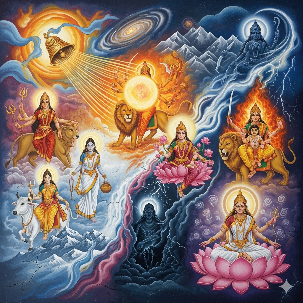 “Surrealistic abstract mural combining all nine forms of Goddess Navdurga in one cosmic vision — Shailaputri on a bull, Brahmacharini with rosary and kamandalu, Chandraghanta with lion and bell, Kushmanda radiating the sun, Skandamata with Kartikeya, Katyayani as warrior, Kalaratri fierce and dark, Mahagauri serene in white, Siddhidatri on lotus — all merging into a cosmic tandava of light, fire, rivers, mountains, and galaxies.”