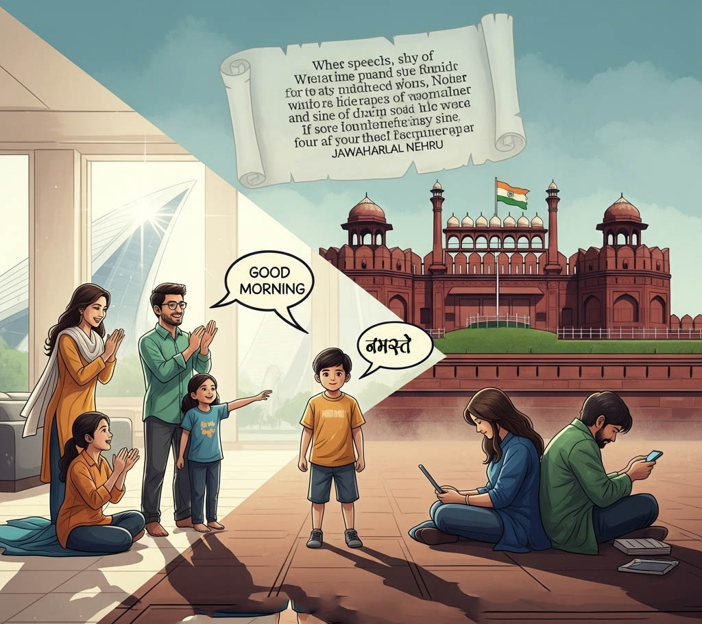 Illustration showing the struggle between English prestige and Hindi identity, with a child speaking both languages, symbolizing India’s need for cultural and linguistic self-confidence.