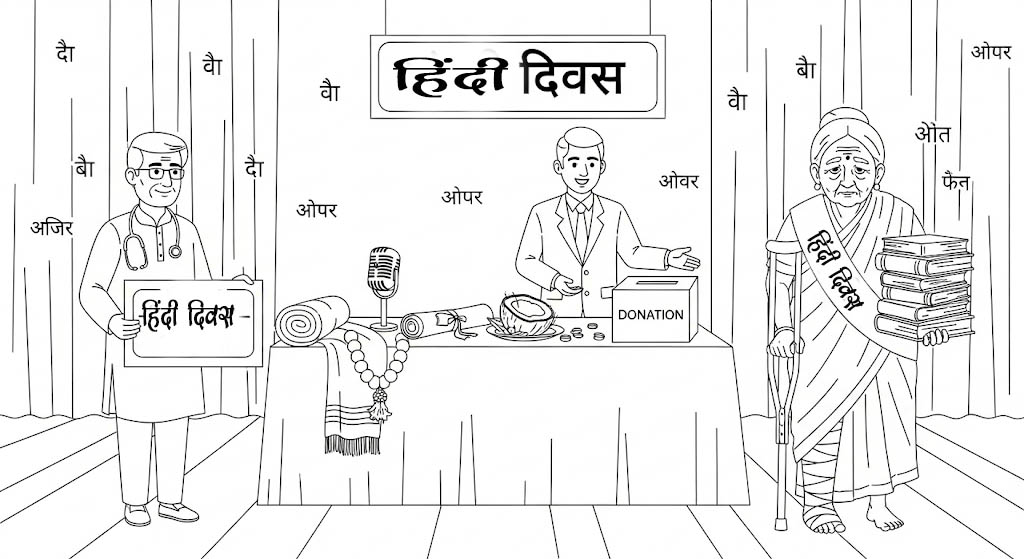 लाइन-इलस्ट्रेशन: मंच के पास सूटधारी आयोजक “हिंदी दिवस” बैनर के सामने शाल-ताम्रपत्र और नारियल लिए खड़ा है; डॉक्टर-लेखक के हाथ में निमंत्रण कार्ड; एक बुज़ुर्ग ‘हिंदी माता’ पट्टी-बँधी टांग के सहारे लंगड़ाते हुए, धूल जमीं हिंदी पुस्तकों की गठरी पकड़े; पृष्ठभूमि में डोनेशन बॉक्स और भीड़। व्यंग्यपूर्ण, 16:9, टेक्स्ट-स्पेस छोड़ा हुआ।