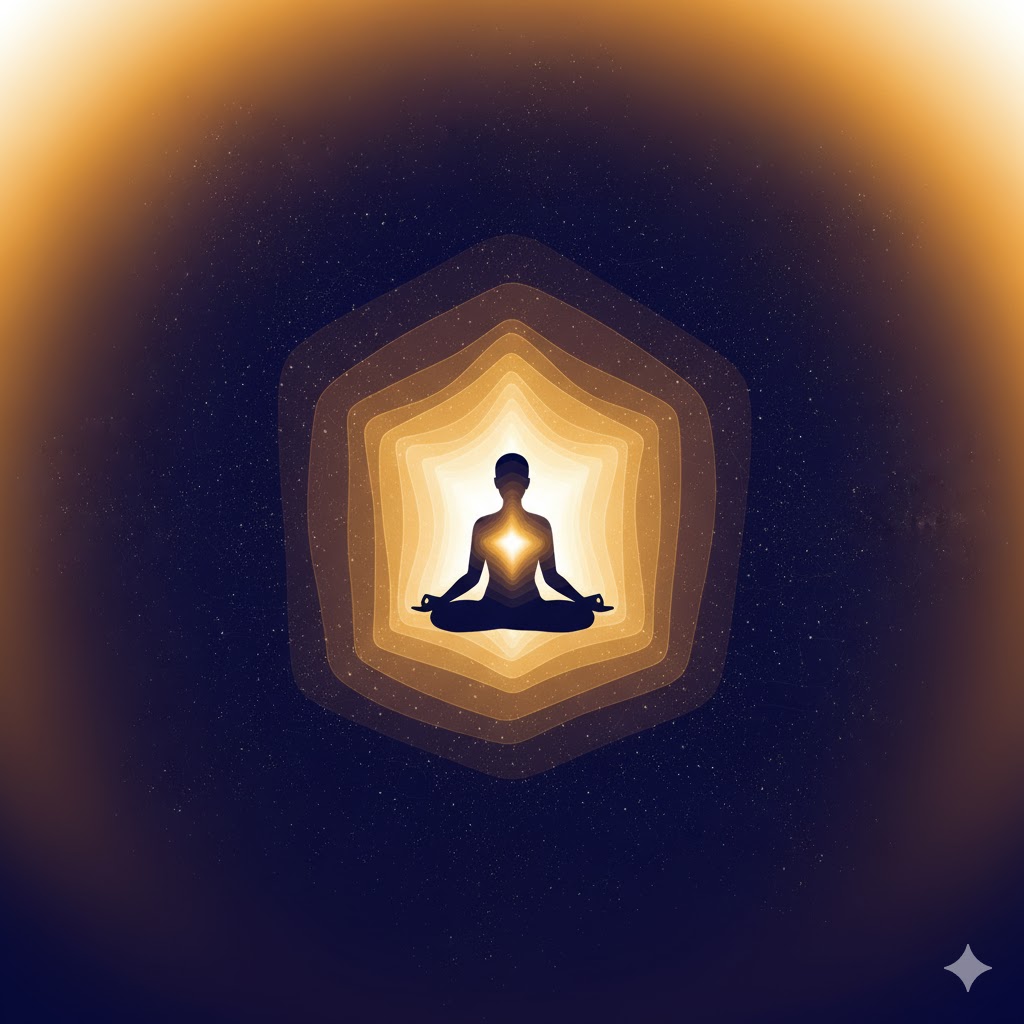 “ध्यानमग्न मानव आकृति जिसके हृदय से प्रकाश की तरंगें निकलकर ब्रह्मांड में फैल रही हैं — आत्मबोध से विश्वबोध तक की यात्रा का प्रतीकात्मक चित्र।”
