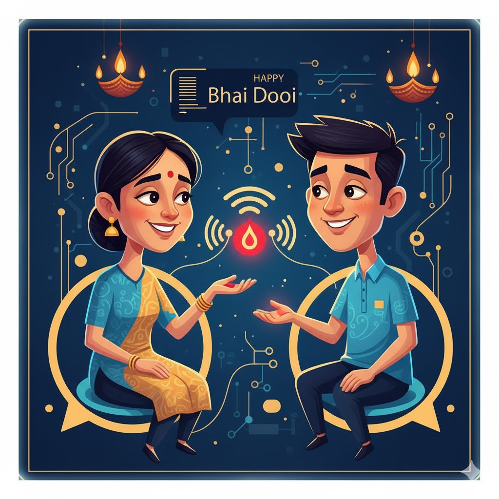 “डिजिटल युग के भाईदूज का प्रतीकात्मक चित्र — बहिन और भाई ऑनलाइन रूप में, वर्चुअल तिलक करते हुए, बीच में रोशनी की वाई-फाई डोर।”