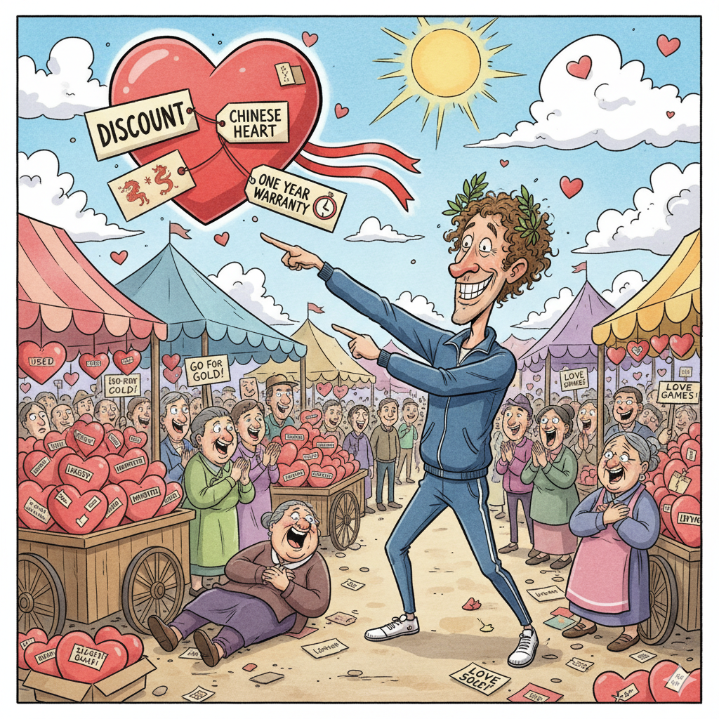 "Caricature of a man throwing a red heart like a javelin in a market full of discounted hearts, symbolizing the satire on Valentine’s Day and ‘Dil Phenk’ culture."