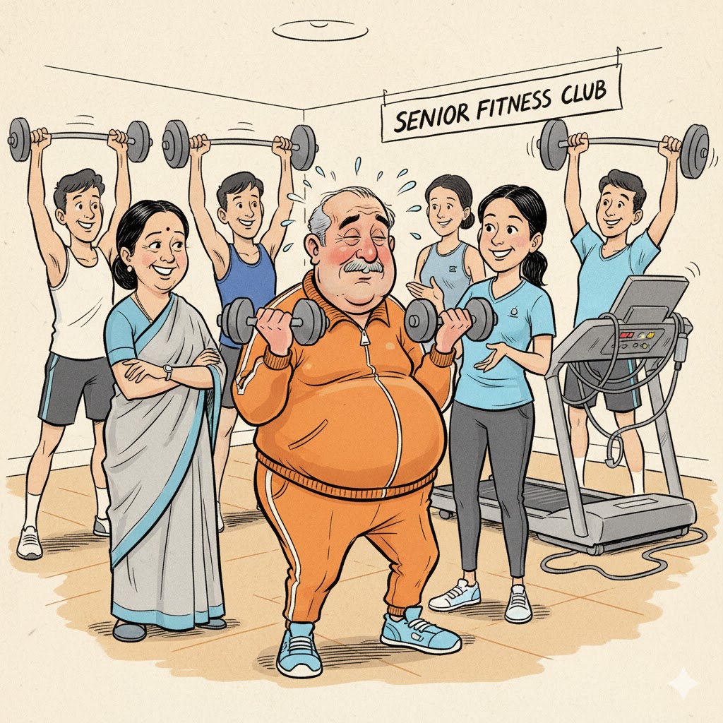 “लाइन कैरिकेचर जिसमें एक मोटा-सा रिटायर्ड सज्जन रंगीन ट्रैक सूट पहनकर जिम में भारी डम्बल उठाने की कोशिश कर रहे हैं, पास में उनकी पत्नी बाँहें बाँधे देख रही हैं, जिम में बाकी नौजवान हँसते हुए एक्सरसाइज़ कर रहे हैं — सेवानिवृत्ति के बाद ‘यौवन पुनर्जागरण’ पर व्यंग्यात्मक दृश्य।”