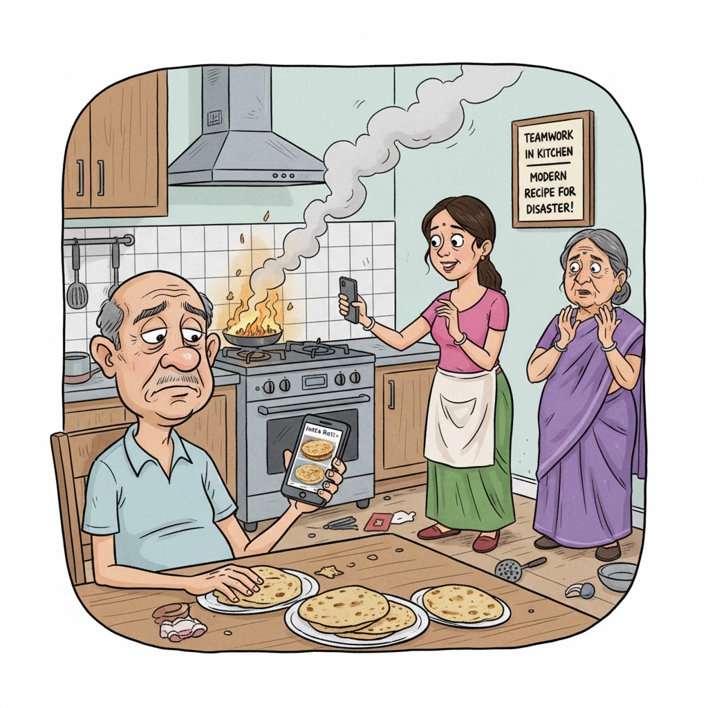 कार्टून दृश्य जिसमें बब्बन चाचा ठंडी रोटी देखकर निराश बैठे हैं, उनकी बहू मोबाइल पर इंस्टाग्राम रील बनाते हुए तवे पर मिर्च झोंक रही है, जिससे धुआँ उठ रहा है। पीछे दीवार पर लिखा है “गरम फुल्का नीति विफल।”
