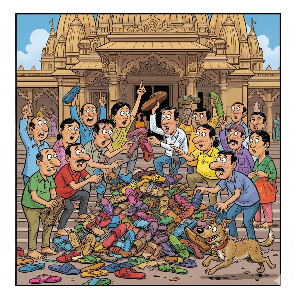 मंदिर के बाहर चप्पल-अदला-बदली करते लोग और कुत्ता जूता लेकर भागता हुआ — हास्य-व्यंग्यात्मक कार्टून चित्र।