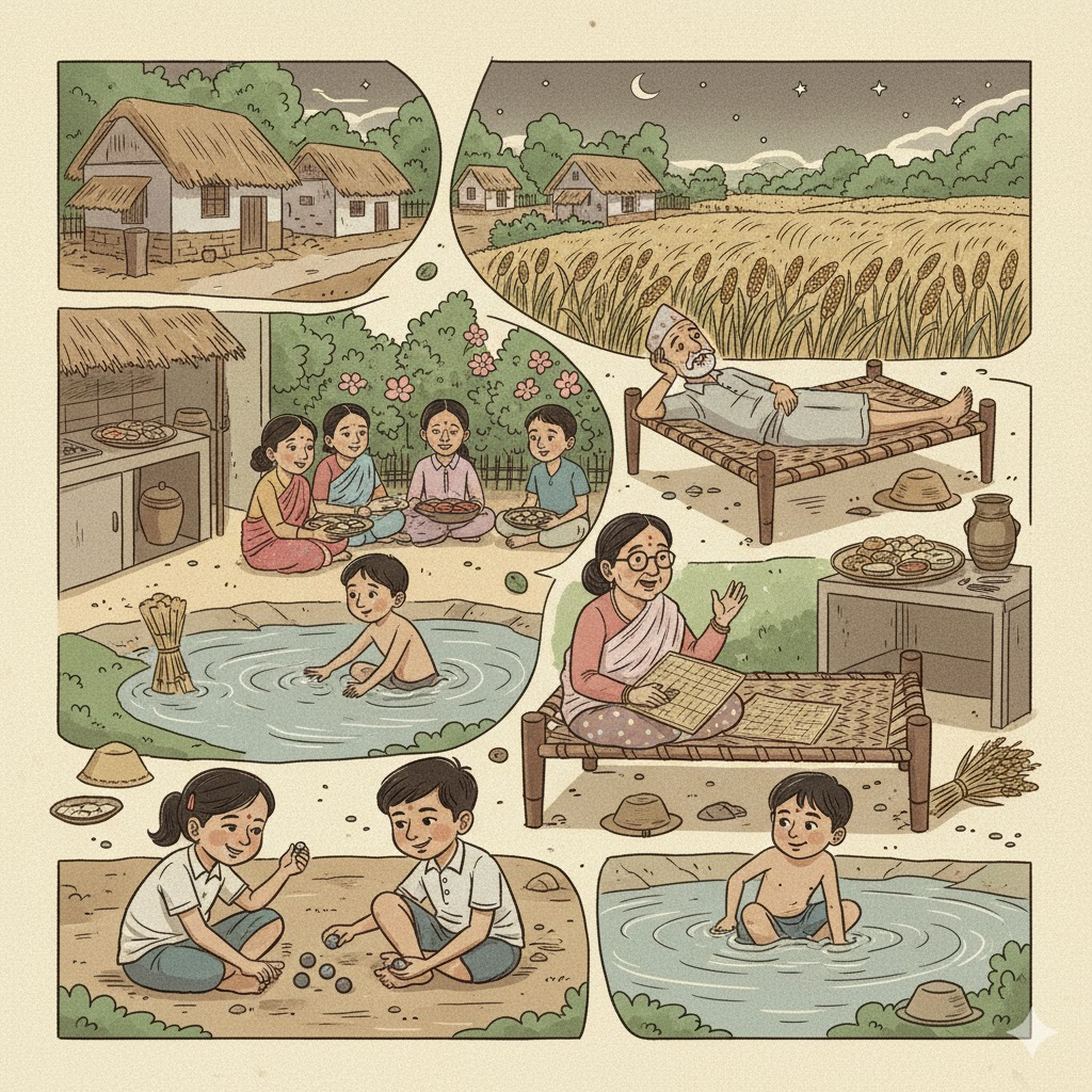 ग्राम्य यादों का कोलाज: बच्चे मिट्टी में खेलते, तालाब में तैरते, थैलों में बाजरे-ज्वार के खेत, आँगन में खाट पर बैठे चाँद-तारों से बातें करते लोग; दादी हाथ में चटाई लेकर चिड़ियों की कहानी सुना रही है; बैकग्राउंड में खादी टोपी, पारम्परिक स्नैक्स और बाग़ की हरियाली — सेफ़िया-नॉस्टैल्जिया, प्रकृति-कनेक्शन और ग्रामीण जीवन की गर्माहट का दृश्य।