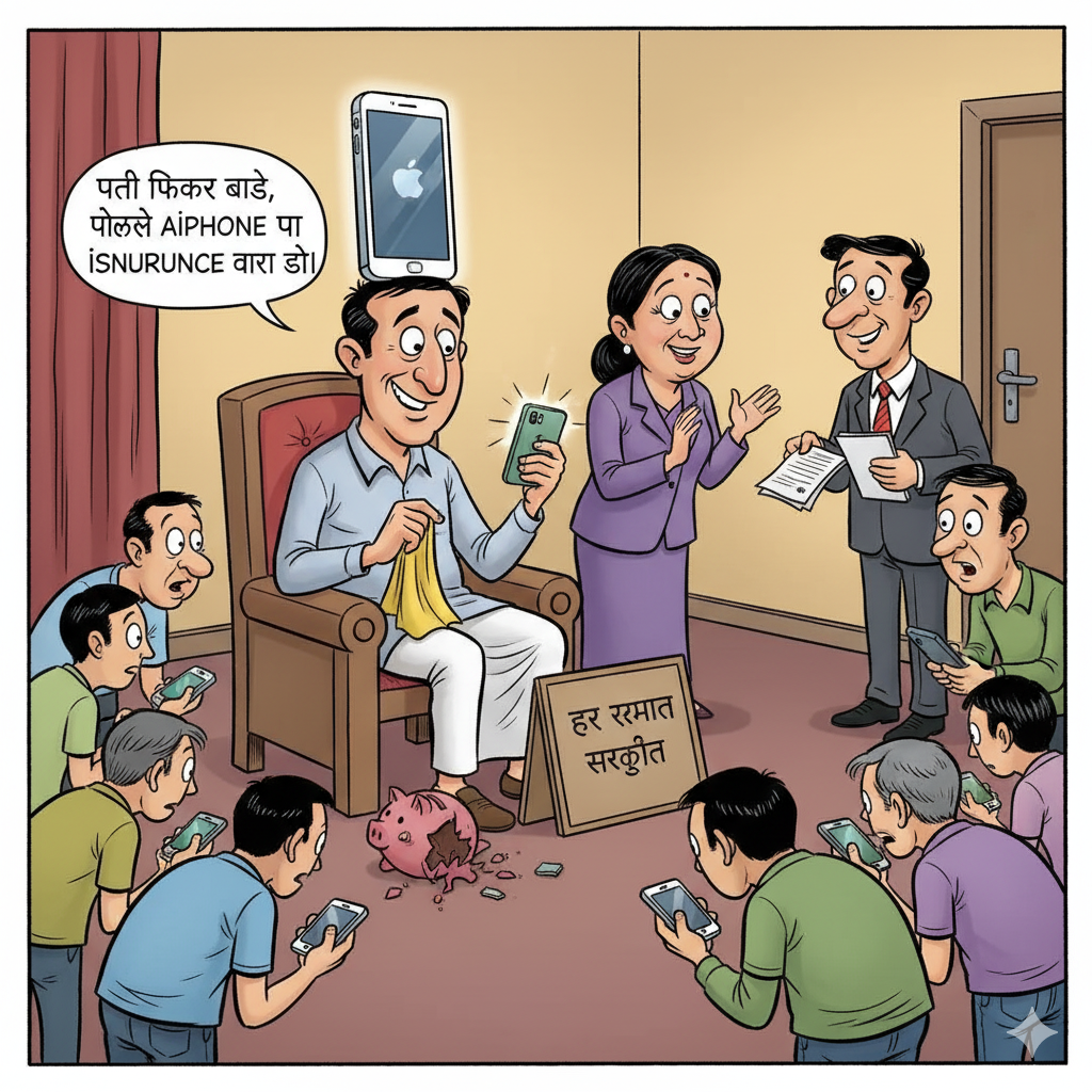 “व्यंग्यात्मक रंगीन कैरिकेचर: एक आदमी सिर पर राजा का मुकुट नहीं, बल्कि आईफोन पहने बैठा है। वह गर्व से आईफोन को चमकाता है, जबकि बगल में टूटा हुआ piggy bank और ‘घर मरम्मत स्थगित’ का बोर्ड पड़ा है। पीछे पत्नी बीमा एजेंट से कह रही है – ‘पति की फिक्र बाद में, पहले आईफोन का इंश्योरेंस करा दो।’ चारों ओर एंड्रॉइड यूज़र्स झुके हुए खड़े हैं, जैसे दरबार में प्रजा हो।”