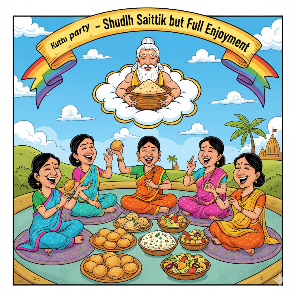 A humorous caricature of Indian women enjoying a “Kuttu Party” during fasting, sharing kuttu-based food while Brahma Ji watches from the clouds holding a bowl of flour, symbolizing a satirical take on religious fasting traditions.